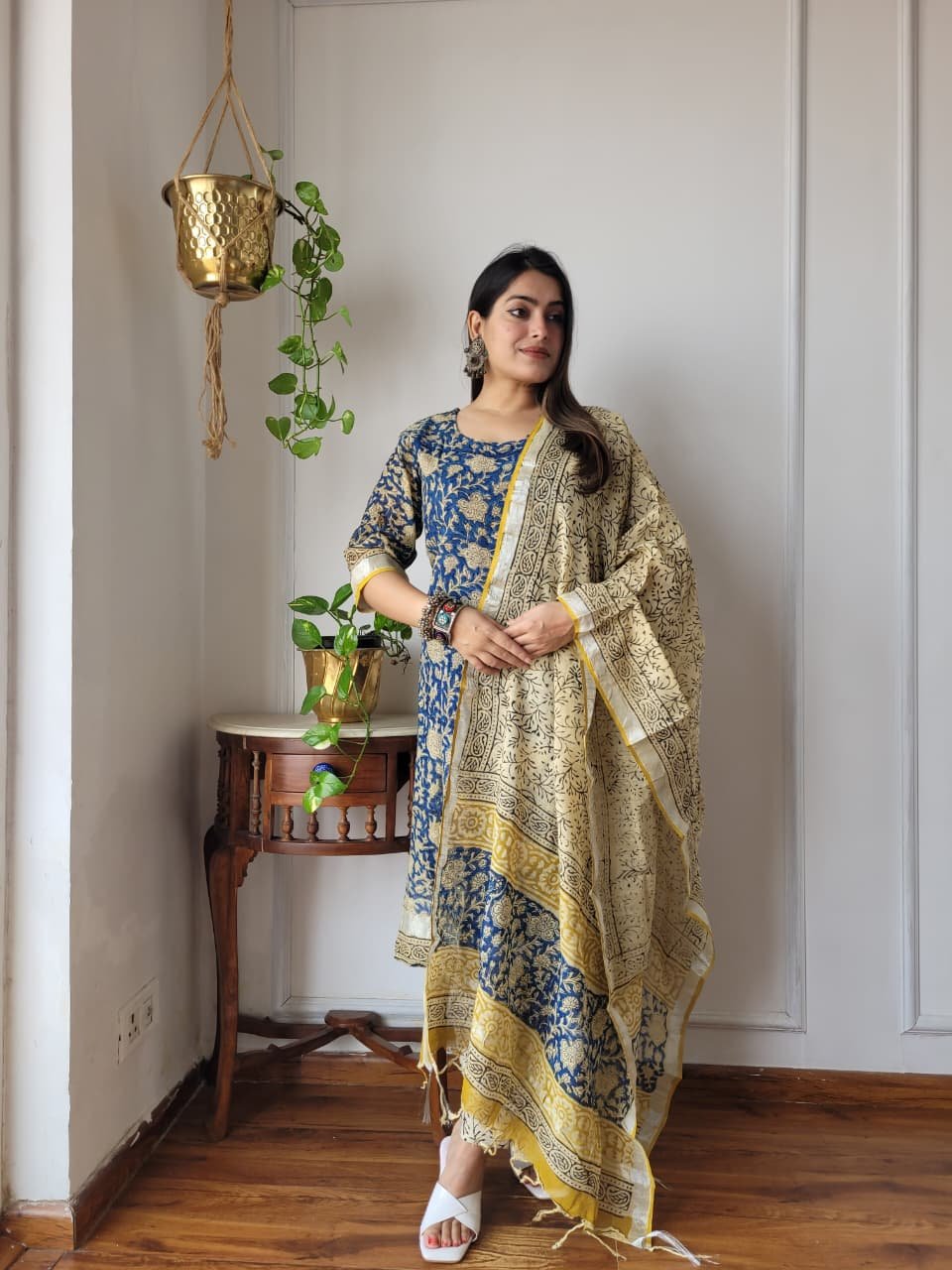 Blue Bagru Hand Block Printed Linen Suit Set